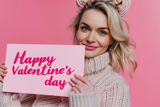 Happy valentine's day concept image with young beautiful blonde woman holding a pink love sign with written words Happy Valentine's day