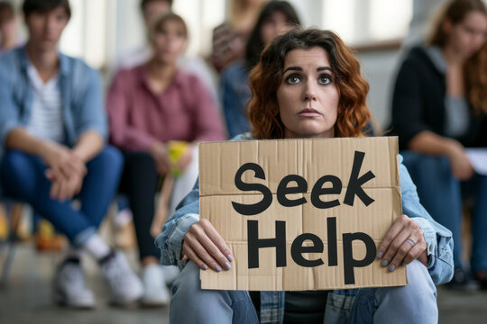 Seek help concept image with sad woman with friends and people helping her and sign with written words Seek help