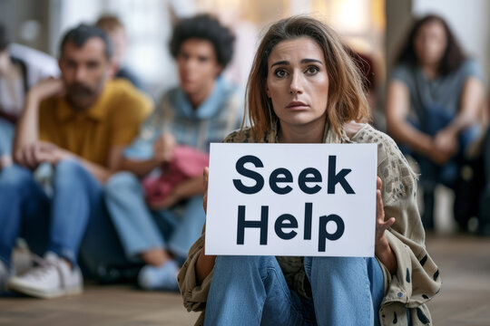 Seek help concept image with sad woman with friends and people helping her and sign with written words Seek help