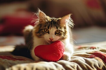 cat with plush soft red heart Lover Valentine cat with a red heart
