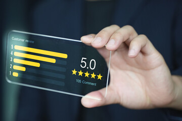 Concept of Customer review good rating concept, customer review by five star feedback, positive...