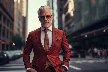 Elegant senior man in red suit on city street, looking fashionable.
