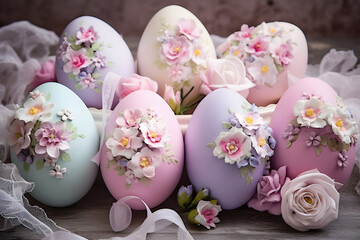Obraz na płótnie Canvas Beautiful pastel colored Easter eggs decorated with 3D rose flowers