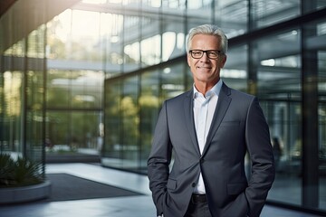 Confident senior businessman outside glass building.