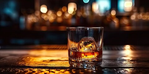 Golden elegance. Sophisticated composition of whiskey tumbler on wooden table featuring rich amber hues ice cubes and luxurious atmosphere for opulent bar experience - obrazy, fototapety, plakaty