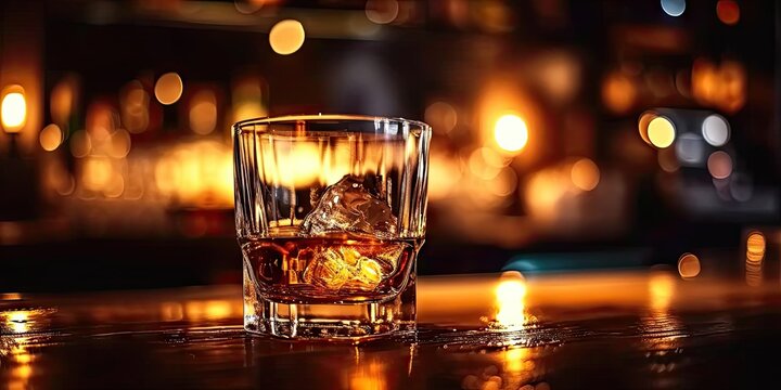Golden elegance. Sophisticated composition of whiskey tumbler on wooden table featuring rich amber hues ice cubes and luxurious atmosphere for opulent bar experience
