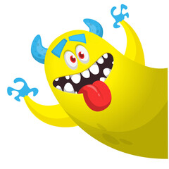 Cartoon happy monster with long tongue sticking out of the mouth.  Vector illustration isolated on white. For Halloween party or package design