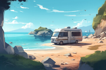 Travel motor home caravan camping car RV driving through sustainable environmental landscape on ocean sea sandy beach. Spending time traveling in recreation vehicle nature concept. 