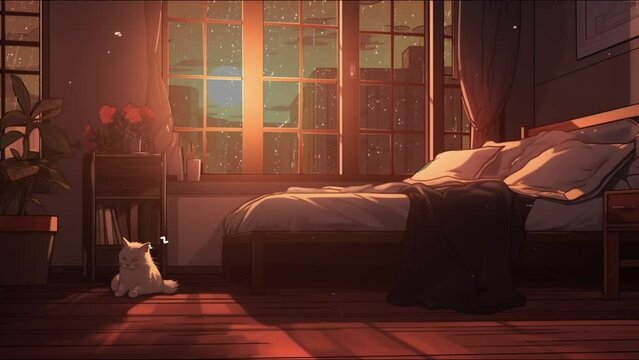 animated backgrounds for stream vtuber wallpaper cat sleeping, asset for twitch zoom OBS screen, anime chill hip hop seamless video