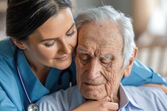 closeup of a female nurse taking care of an elderly man in a retirement home