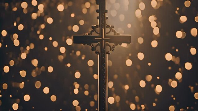 Golden cross silhouette against sparkling lights background. Religion and faith.
