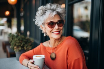 Elegant senior woman drinking coffee in a cafe. Portrait of a happy senior woman in sunglasses.