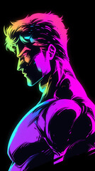 Cartoon neon style illustration of strong fitness muscular man
