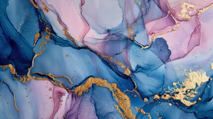 Pink, blue, and gold paint in the style of fluid ink . It captures the essence of frozen movement.