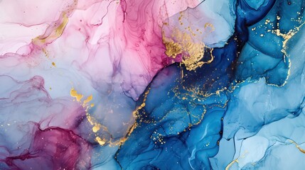 Pink, blue, and gold paint in the style of fluid ink . It captures the essence of frozen movement.