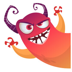 Cartoon scary monster with funny face expression waving hands . Vector illustration isolated on white. Halloween design