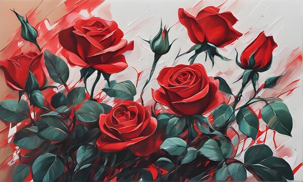 Bouquet of red roses on gray background. Acrylic painting. Greeting card for Valentine's Day, birthday, wedding, anniversary or Mother's Day	