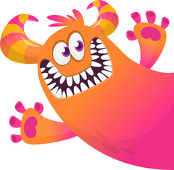 Cartoon scary monster with funny face expression waving hands . Vector illustration isolated on white. Halloween design