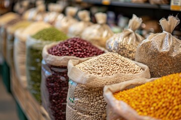 Bulk bags of legumes in natural food store, zero waste store.