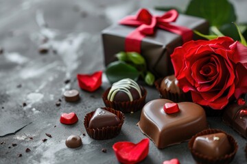 Red roses and box of chocolates for romance and valentines day gifts