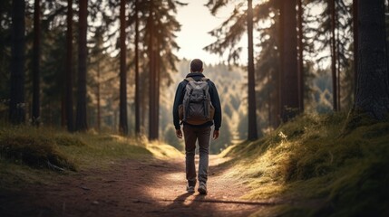 Fototapeta premium Man with backpack is walking along a forest path