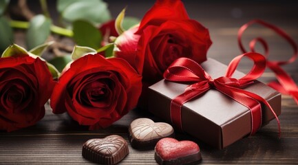 Red roses and box of chocolates for romance and valentines day gifts