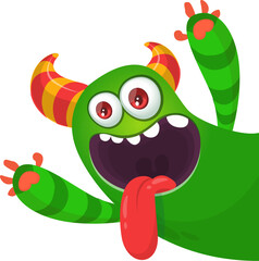 Cartoon happy monster with long tongue sticking out of the mouth.  Vector illustration isolated on white. For Halloween party or package design