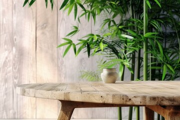 3D render background for natural beauty health products overlay display template. Blank empty oak wood table with green bamboo plants, wooden wall. Podium, Stand. generative ai.