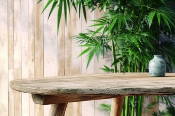 3D render background for natural beauty health products overlay display template. Blank empty oak wood table with green bamboo plants, wooden wall. Podium, Stand. generative ai.