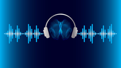 Blue neuron soundwave wallpaper. Music soundwave flows to the brain trough out the headphone - obrazy, fototapety, plakaty