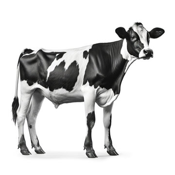 black and white cow image on white background, full pose, side view