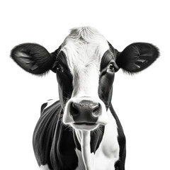 black and white cow image on white background, full pose, side view