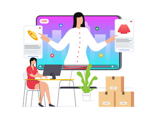 Woman review or selling her product through live streaming platform. Influencer marketing and live streaming social media commerce concept illustration.