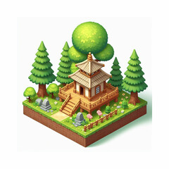 Obraz na płótnie Canvas Beautiful small forest zen wooden temple, 3d game