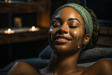 Young beautiful African-American woman getting a facial at the spa