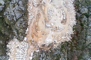 drone shot of an active granite quarry in Spain