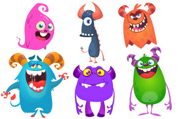 Fototapeta premium Cute cartoon Monsters. Set of cartoon monsters: goblin or troll, cyclops, ghost, monsters and aliens. Halloween design. Vector illustration isolated
