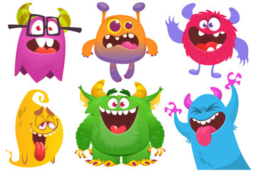 Fototapeta premium Cute cartoon Monsters. Set of cartoon monsters: goblin or troll, cyclops, ghost, monsters and aliens. Halloween design. Vector illustration isolated
