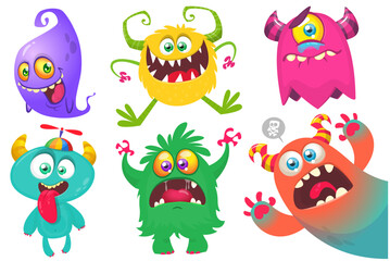 Cute cartoon Monsters. Set of cartoon monsters: goblin or troll, cyclops, ghost,  monsters and aliens. Halloween design. Vector illustration isolated