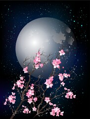 composition with a spring tree on the background of the moon - 703696374