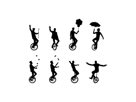 Set Of Person Riding Unicycle Silhouette In Various Poses Isolated On White Background