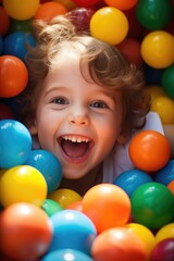 Fototapeta na wymiar Joyful child plays surrounded to colored balls