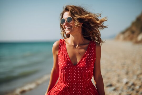 Portrait of beautiful young woman in red dress and sunglasses on the beach