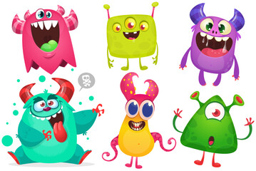 Funny cartoon monsters with different face expressions. Set of cartoon vector scary colorful monsters. Halloween design for party decoration, stickers or package