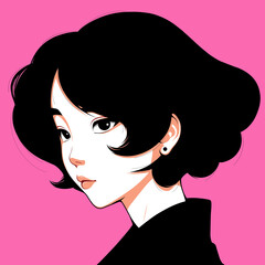 portrait of a black haired girl on a pink background