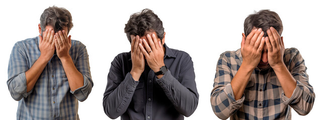 The man is in grief, upset, crying, covering his face with his hands. Isolated on a transparent background.