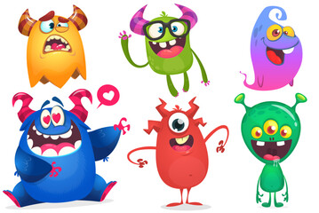 Naklejka premium Funny cartoon monsters with different face expressions. Set of cartoon vector scary colorful monsters. Halloween design for party decoration, stickers or package