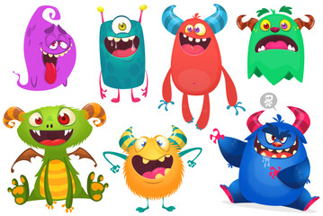 Obraz premium Funny cartoon monsters with different face expressions. Set of cartoon vector scary colorful monsters. Halloween design for party decoration, stickers or package