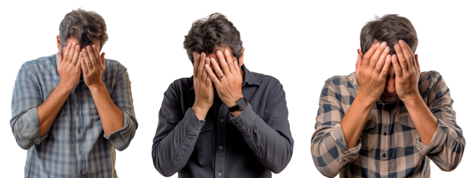 The man is in grief, upset, crying, covering his face with his hands. Isolated on a transparent background.
