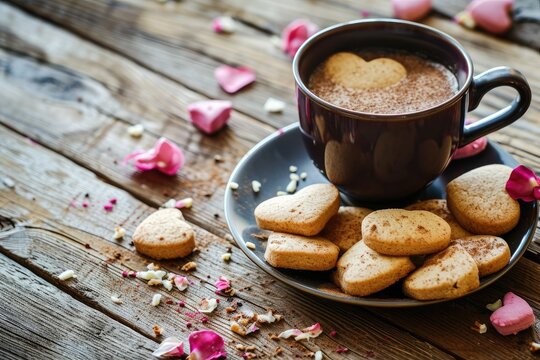 Cup of coffee with heart-shaped cookies on a wooden background